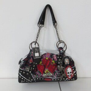 Ed Hardy Love Hearts Skull Roses Studded Satchel Handbag Silver Black Vegan Tote